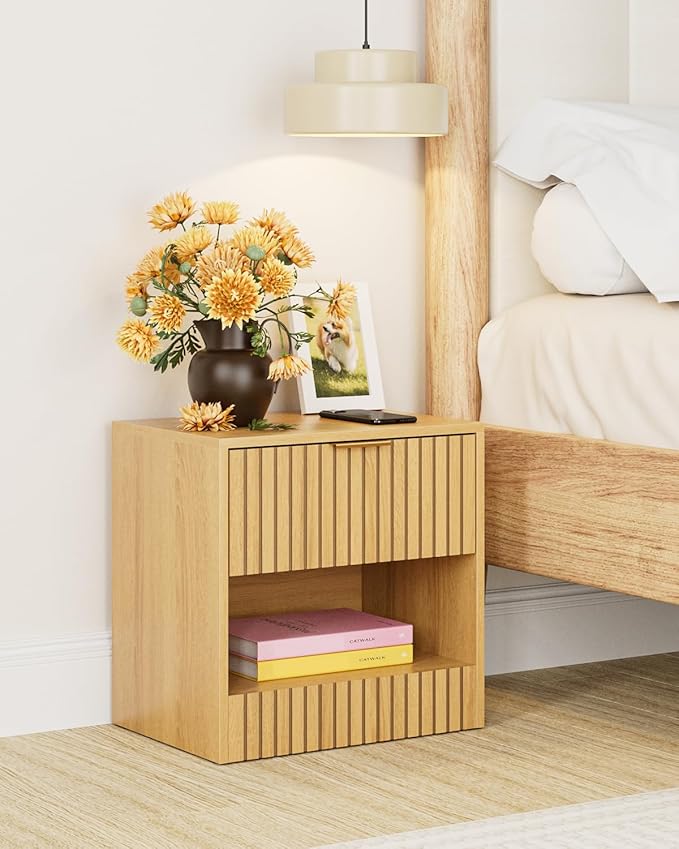 Small Nightstand, Modern Night Stand, Bedside Table with Drawer and Open Shelf, Cube Design, Small Side Table for Bedroom, Living Room, Oak