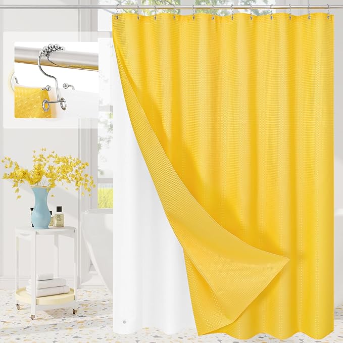 3 in 1 Long Yellow Shower Curtain Set-72 W x 78 H, Modern Waffle and PEVA Liner Set with 12 Stainless Steel Hooks, Waterproof Fabric for Bathroom