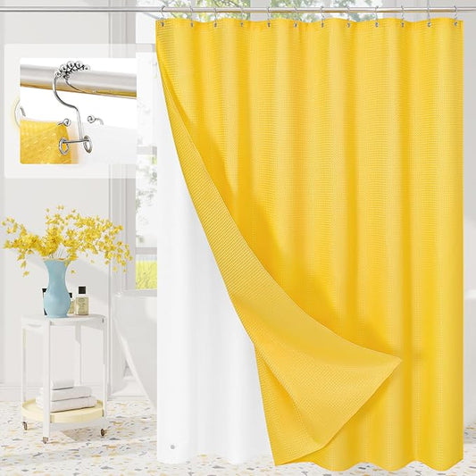 3 in 1 Extra Long Yellow Shower Curtain Set-72 W x 84 H, Modern Waffle and PEVA Liner Set with 12 Stainless Steel Hooks, Waterproof Fabric for Bathroom