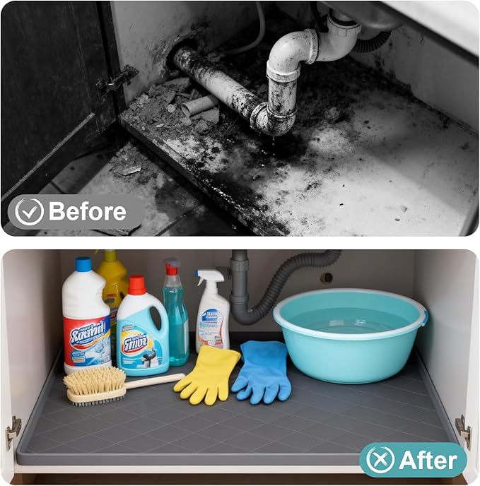 34" x 22" Inch Silicone Sink Mat, Leak-Proof Cabinet Liner with Raised Edge, Non-Slip Kitchen and Bathroom Counter Protector, Heat Resistant Waterproof Easy to Clean Drawer Shelf Liner.