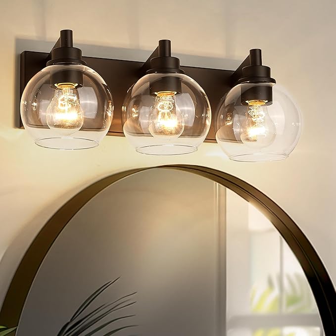 Bathroom Light Fixtures Over Mirror, 3-Light Oil Rubbed Bronze Vanity Light with Clear Glass Globe Shade, Modern Sconces Wall Lighting, Bathroom Wall Lights for Bedroom Hallway, VL195-ORB-3