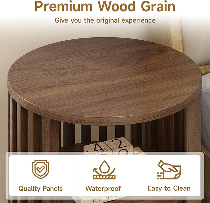 Round End Table, Wood Bedside Table, Mid Century Modern Nightstand with Open Storage Shelf, 3 Tier Small Side Tables for Living Room, Bedroom, Curved Profile Design, Walnut(1-Pack)