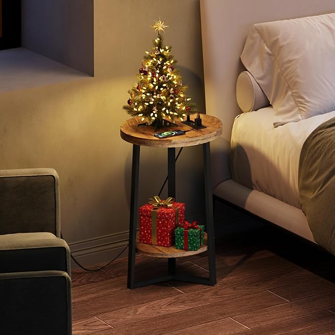 WLIVE Round End Table with Charging Station, 2 Tier Side Table for Living Room/Bedroom, Round Nightstand with Storage Shelf, Small Spaces, Wood Tabletop & Metal Frame, Rustic Brown