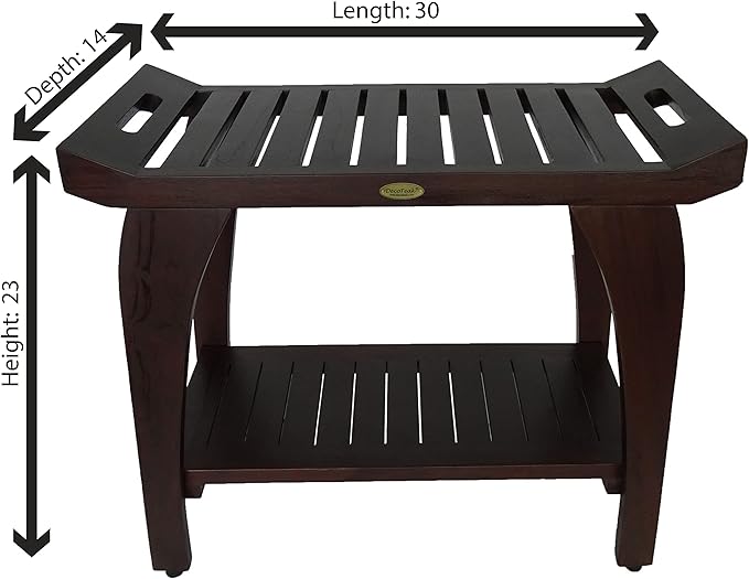 DecoTeak Tranquility 30 Inch Extended Height Brown Waterproof Teak Wood Shower Bench Stool Seat Chair for Inside Shower Storage Shelf Provides Safety Storage and Organization for Bathroom Accessories