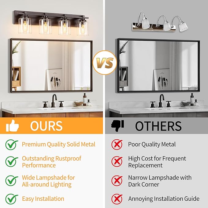 4 Light Modern Bathroom Light Fixtures Over Mirror, Bronze Finish Vanity Lights for Bathroom Wall Sconces with Clear Glass Shades, E26 Socket (Bulbs Not Included)