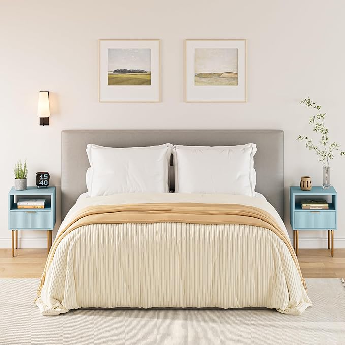 Masupu Night Stand,Mid-Century Modern Bedside Table with Storage Drawer and Open Wood Shelf,Small Gold Frame Side Table for Bedroom,Living Room, Blue