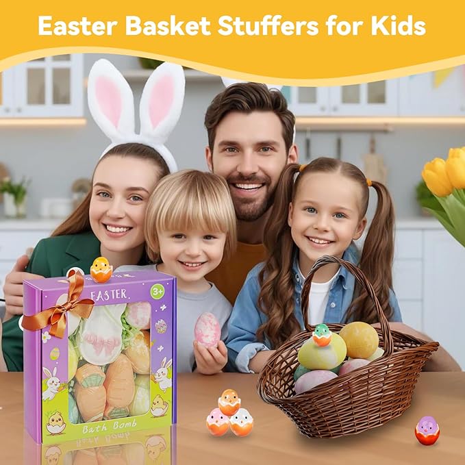 Kids Bath Bombs with Surprise Inside: 9 Pcs Natural Organic Egg Bunny Shaped Basket Stuffers for Kid Girls Boys Bubble Bathbombs Fruit Scented Spa Birthday Gift Set Party Favors Children 3+ Year Old