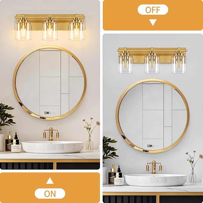 3 Light Modern Bathroom Light Fixtures Over Mirror, Brass Finish Vanity Lights for Bathroom Wall Sconces with Clear Glass Shades, E26 Socket (Bulbs Not Included)