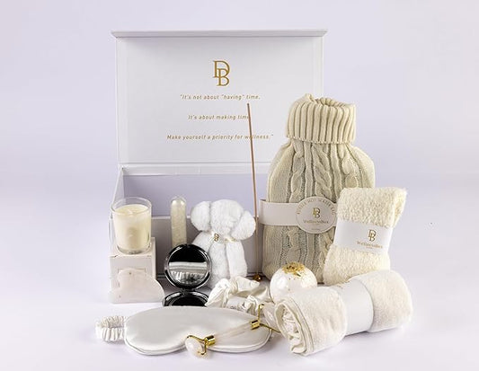 White Wellness Box 12pc Self Care Spa Gift Basket for Women - Loving Gift Basket for Mothers Day, Birthday, Best Friend set, Womens Beauty Kit. Luxury Gifts with Scented Candle, Bath Bomb.