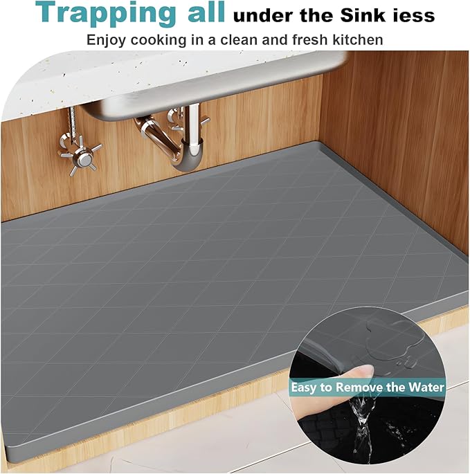 34" x 22" Inch Silicone Sink Mat, Leak-Proof Cabinet Liner with Raised Edge, Non-Slip Kitchen and Bathroom Counter Protector, Heat Resistant Waterproof Easy to Clean Drawer Shelf Liner.