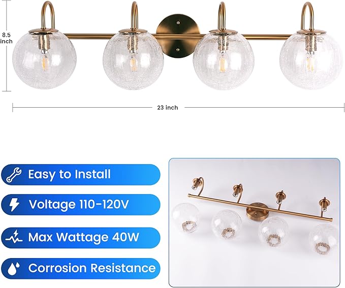 4-Light Bathroom Light Fixtures, Brushed Gold Vanity Lights for Bathroom with Cracked Glass Globe Shade, Vintage Bathroom Vanity Lighting Fixtures Over Mirror for Bedroom Living Room Hallway