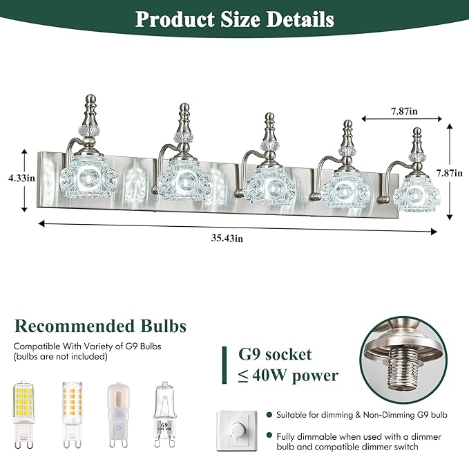 Modern Glass Crystal Vanity Light - Vintage Bathroom Lighting Fixtures Over Mirror, 5 Light Vanity Lights G9 Bulb (35.43 Inch, Nickel)