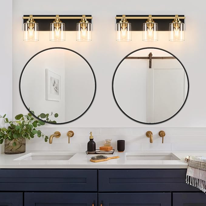 3 Light Modern Bathroom Light Fixtures Over Mirror, Black Gold Vanity Lights for Bathroom Wall Sconces with Clear Glass Shades, E26 Socket (Bulbs Not Included)