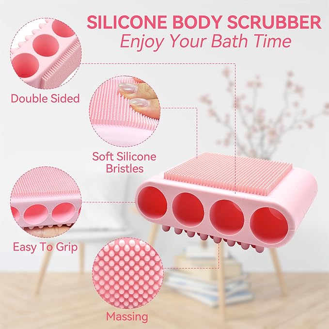 1PCS Silicone Body Scrubber Exfoliator- Bath Loofah & Sponges Alternative 4-Finger Non-Slip Grip Face & Scalp Scrubber for Sensitive Skin Body Brush for Men & Women (Pink)