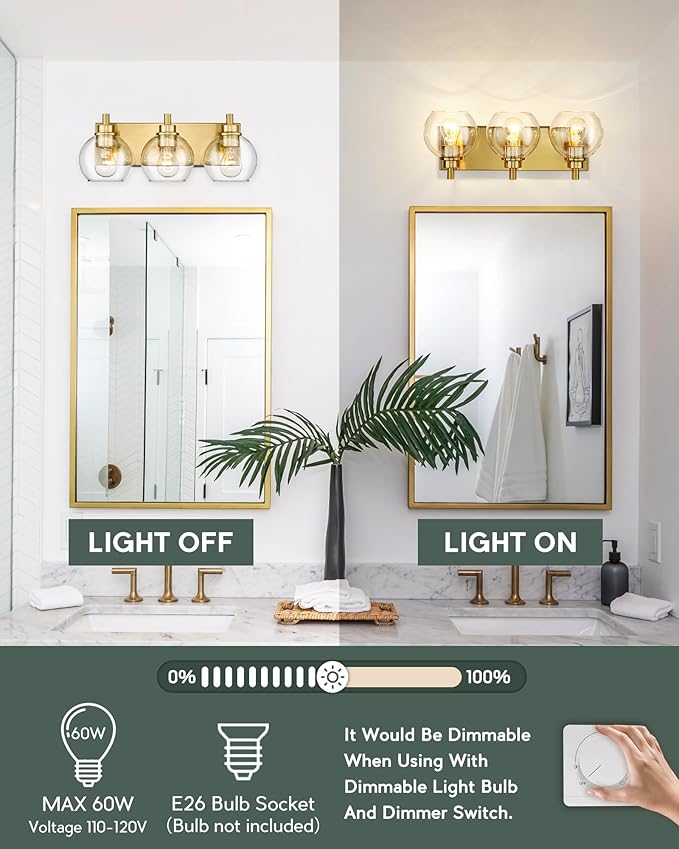 Bathroom Light Fixtures, 3-Light Brushed Gold Vanity Light, Modern Wall Sconces with Clear Glass Globe Shade, Bathroom Wall Lights for Mirror Kitchen Bedroom Hallway Living Room, VL195-GD-3