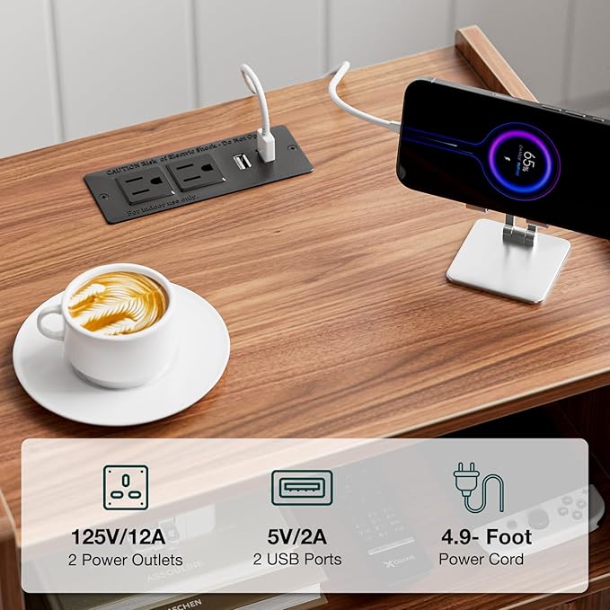 Side Table with Charging Station, Modern End Table with Fluted Drawer, Bedside Table, Night Stand with 2 Tiers Storage Space, for Bedroom, Living Room, Walnut