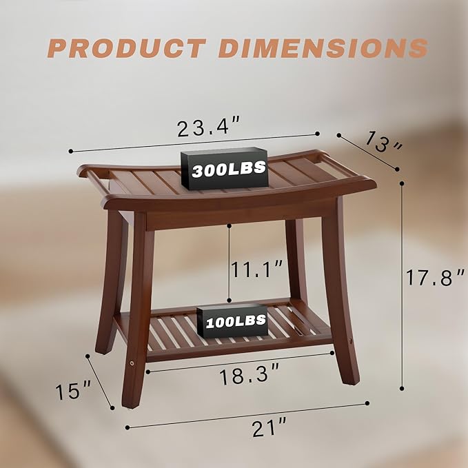 Bamboo Shower Bench Stool,24" Shower Chair Seat Non-Slip,Waterproof Bathroom Bench with Storage Shelf for Adults,Elderly, Disabled Indoor&Outdoor Use (Walnut)