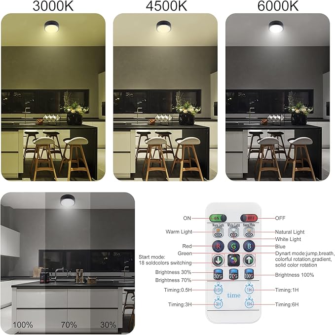 Battery Operated Ceiling Light, Wireless Shower Light with Timer, Color Changing Mood Lighting, Dimmable RGB Night Light for Hallway Pantry Closet Bedroom Bathroom Tub, 5.4"