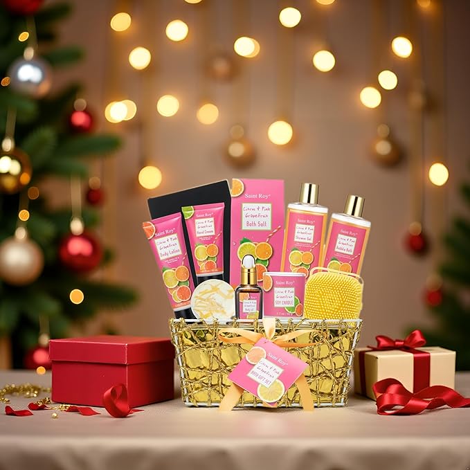 Bath Spa Body Gift Set, Luxury Christmas Gifts for Women Citrus Pink Grapefruit Spa Kit Gift Woman, 11 Pcs Self Care Kit Gifts With Bubble Bath, Massage Oil, Bath Brush, Birthday Gifts for Women