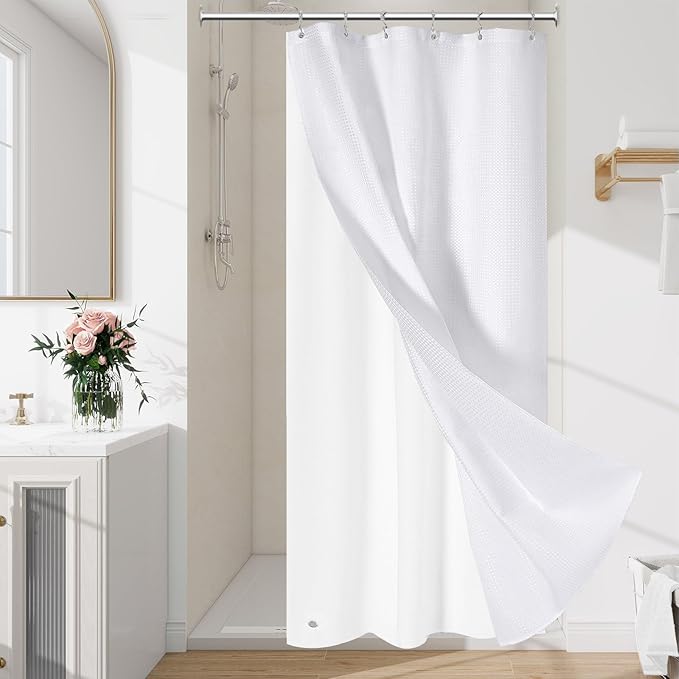 3 in 1 Stall Half Size Shower Curtain Set-36W x 72 H, White Waffle Waterproof Fabric and PEVA Liner Set with Stainless Steel Hooks
