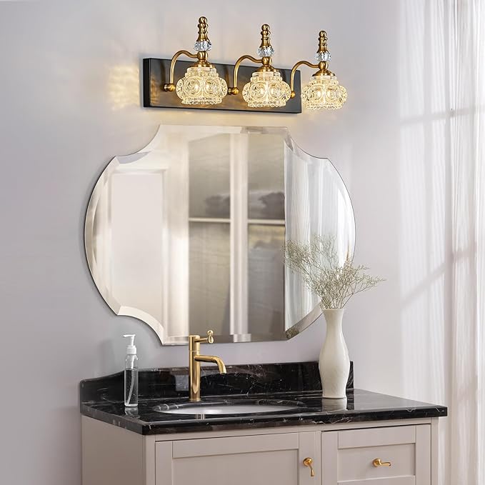 Bathroom Light Fixtures, Modern Glass Crystal Vanity Light Vintage Bathroom Lighting Fixtures Over Mirror 3 Light Vanity Lights G9 Bulb (19.68 Inch, Black Gold)