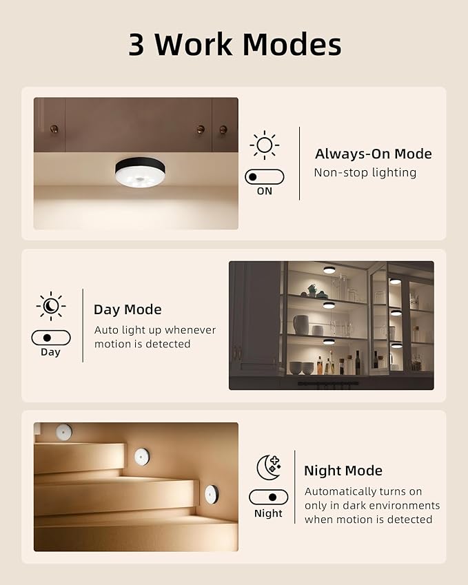 EZVALO Under Cabinet Lighting,1000mAh Rechargeable Puck Lights with Remote,3 Color Temps & 12 RGB Motion Sensor Closet Lights Indoor,Dimmable Under Cabinet Lights for Kitchen,Cabinets,Closet (3 Packs)