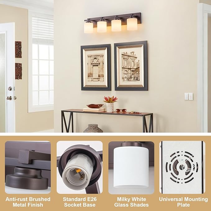 4 Light Modern Bathroom Light Fixtures Over Mirror, Bronze Finish Vanity Lights for Bathroom Wall Sconces with Milky White Glass Shades, E26 Socket (Bulbs Not Included)