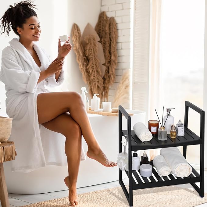 VVW 21.6 Inch Bamboo Shower Bench Seat Chair Stool with Arms for Inside Shower, Heavy Duty Spa Bath Chair with 2 Movable Hooks, Non-Slip Feet for Bathroom Accessories (Black)