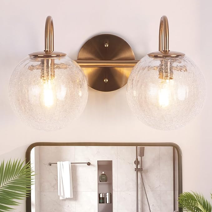 2-Light Bathroom Light Fixtures, Gold Bathroom Lights Over Mirror with Cracked Glass Globe Shade, Modern Vanity Lights for Bathroom Bedroom Living Room Hallway E12 Base(Bulbs Not Included)