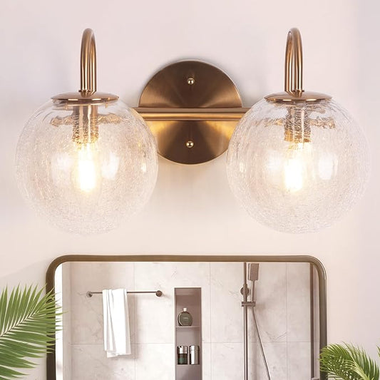 2-Light Bathroom Light Fixtures, Gold Bathroom Lights Over Mirror with Cracked Glass Globe Shade, Modern Vanity Lights for Bathroom Bedroom Living Room Hallway E12 Base(Bulbs Not Included)
