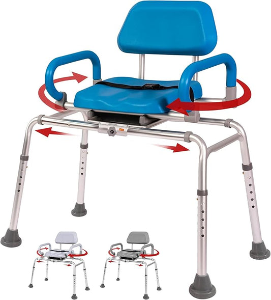 Platinum Health Carousel Sliding Shower Chair Tub Transfer Bench with Swivel Seat, Premium Padded, Pivoting Arms, Adjustable Space Saving Design for Tubs, Inside Shower, for Handicap & Seniors, Blue