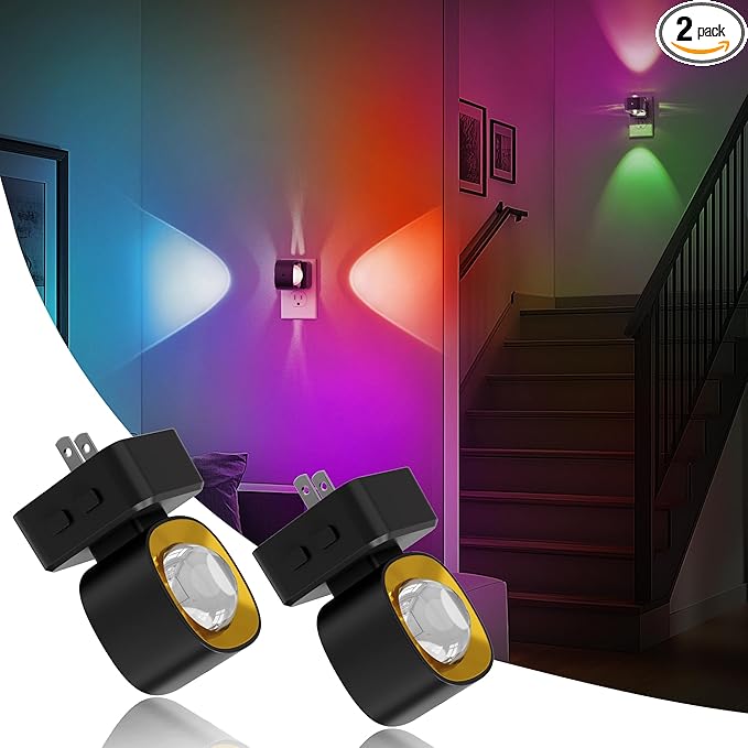 JandCase Night Lights Plug into Wall,10-Colored Changing Night Light for Kids, 2 Pack 180° Rotatable Plug RGB LED Nightlight with Dusk to Dawn Sensor for Halloween Decoration, Children Room,Party