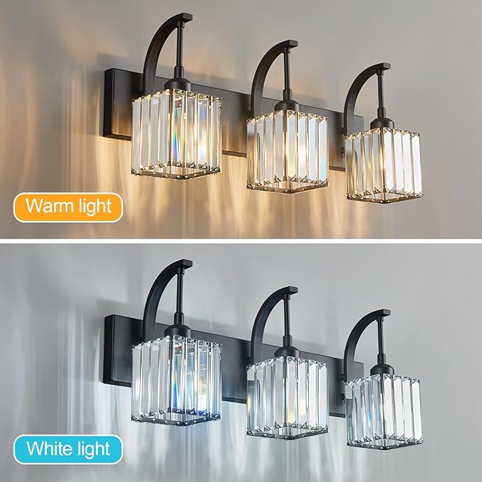 Crystal Vanity Lights 3-Light Black Bathroom Vanity Lights Modern Crystal Bathroom Light Fixtures Over Mirror 23.62" Long Vanity Light for Bathroom