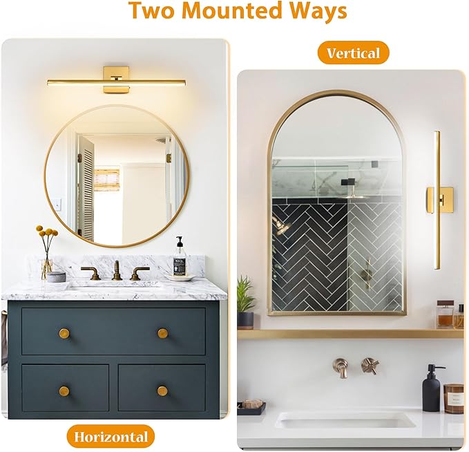 24 Inch LED Bathroom Vanity Light (3000K/4000K/6000K, Dimmable), Brass Modern Bathroom Light Fixture Over Mirror, Vanity Light Bar with Angle Adjustable