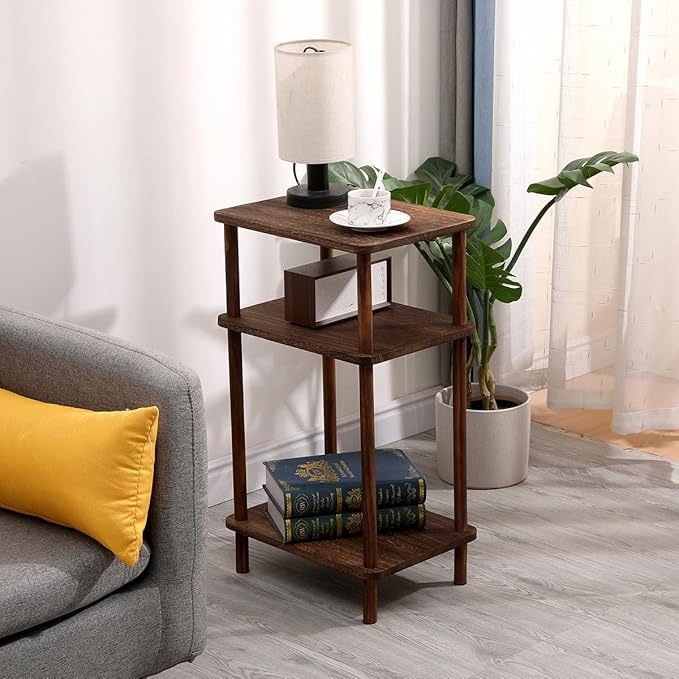 Side Table Set of 2, Wooden 3-Tier Narrow End Tables, Rustic Brown Nightstand Sofa Side Table Used for Small Spaces, Living Room, Bedroom