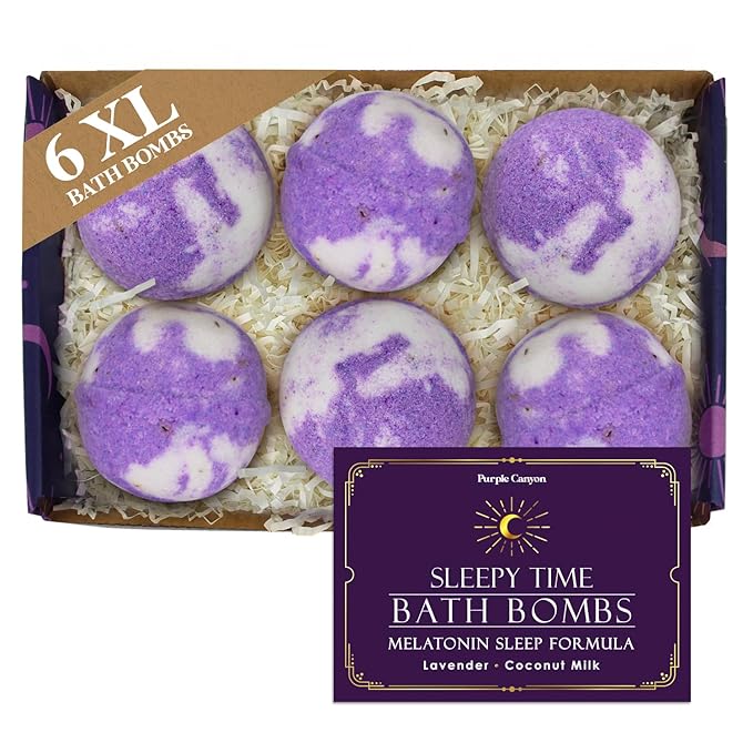 Purple Canyon Bath to Bed Natural Bath Bombs | Calming and Relaxing Sleep Support with Melatonin | Lavender and Coconut Milk Scented Handmade Bath Bombs Set