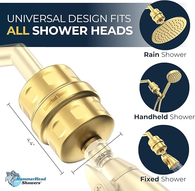 HammerHead Showers® Solid Metal Shower Head Filter – KDF 55 Shower Filter, High Pressure Universal Shower Filters to Remove Toxic Chemicals – Removes Chlorine and Heavy Metals – Brushed Gold