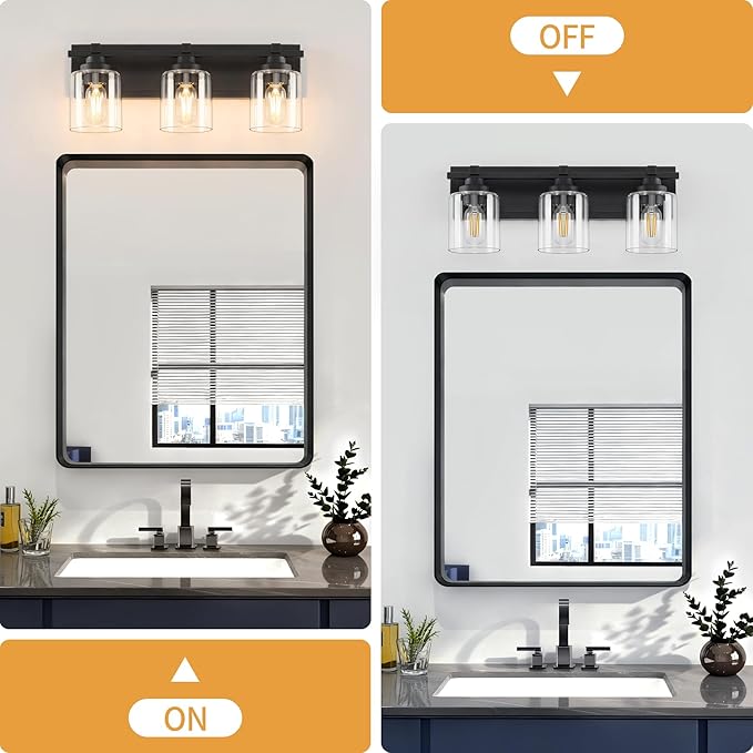 3 Light Modern Bathroom Light Fixtures Over Mirror, Black Vanity Lights for Bathroom Wall Sconces with Clear Glass Shades, E26 Socket (Bulbs Not Included)