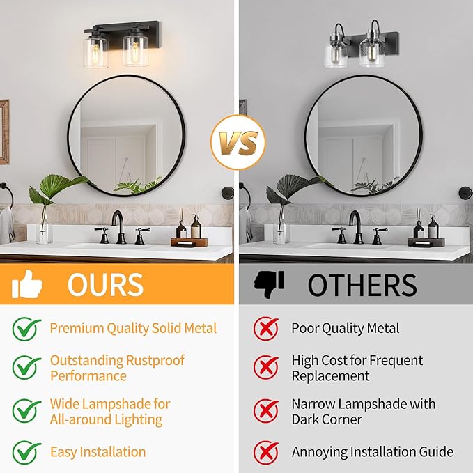 2 Light Modern Bathroom Light Fixtures Over Mirror, Black Vanity Lights for Bathroom Wall Sconces with Clear Glass Shades, E26 Socket (Bulbs Not Included)
