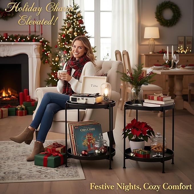 Tiita Round End Table Mental 2-Tier Side Table Nightstand/Small Iron Tables Accent Coffee Table for Living Room Bedroom Office Small Space