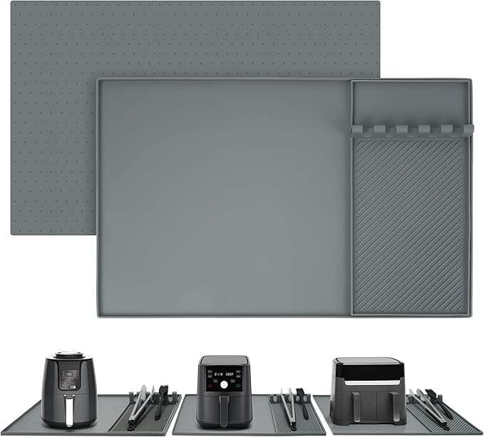 24x16 Inch Silicone Mat for Kitchen Counter, Kitchen Essentials and Gadgets - Silicone Air Fryer and Coffee Mat Set - Heat Resistant Mat for AirFryer, Microwave, Oven, Coffee Machine (Gray)