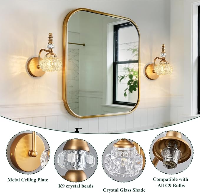 Modern Glass Crystal Vanity Light - Vintage Bathroom Lighting Fixtures Over Mirror, 2 Pack Vanity Lights G9 Bulb (7.87 Inch,Brass)