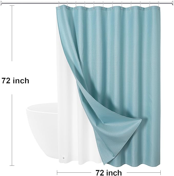 3 in 1 Shower Curtain Set, Teal Blue Waffle Shower Curtain and PEVA Liner Set with 12 Stainless Steel Shower Curtain Hooks, Waterproof Fabric Shower Curtains for Bathroom, 72 W x 72 H