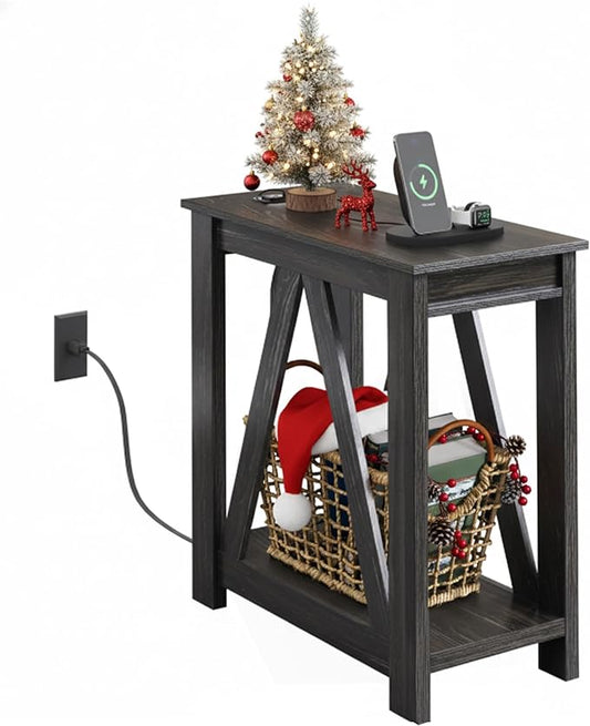 WLIVE Narrow End Table with Charging Station of Open Storage Shelf, Sofa Side Table with 2 USB Ports and 2 Power Outlets, Slim Farmhouse End Table for Small Spaces, 11.8" D x 23.6" W x 23.74" H