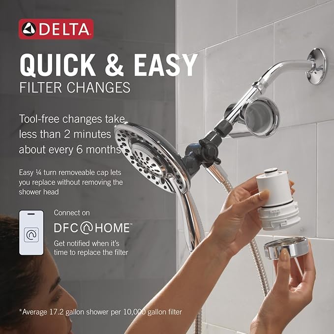 Delta Faucet 4-Setting In2ition 2-in-1 Dual Shower Head with Clarifi Standard Shower Filter Attachment and Filter, Chrome Shower Head with Filter, Filtered Shower Head, Chrome 7SF110B