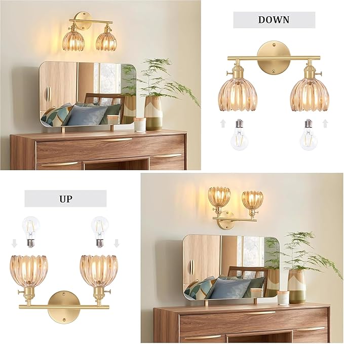 Bathroom Light Fixtures, 2-Light Brass Vanity Wall Light Over Mirror with Amber Tulip Glass Shade for Bedroom Living Room (Bulb Not Included)