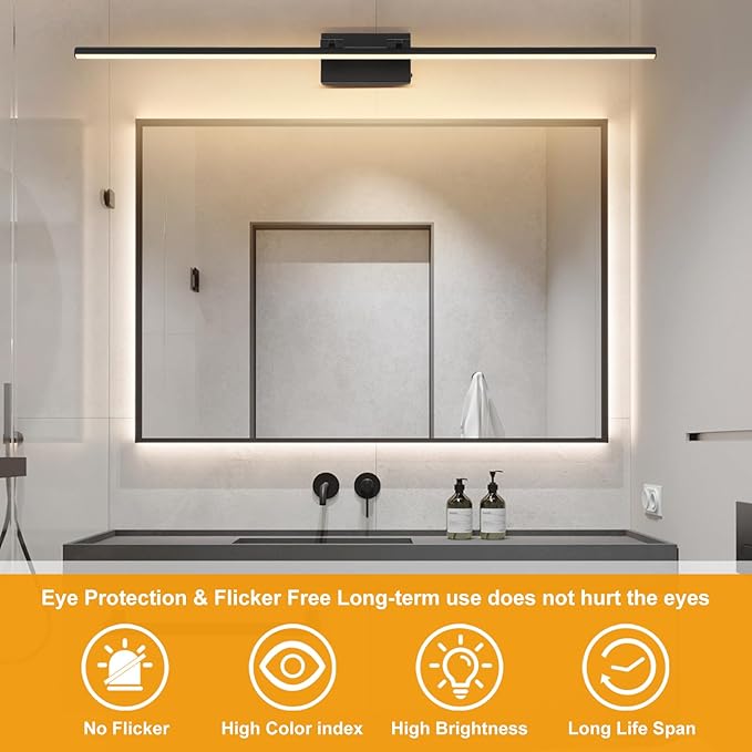 48 Inch LED Bathroom Vanity Light (3000K/4000K/6000K, Dimmable), Black Modern Bathroom Light Fixture Over Mirror, Vanity Light Bar with Angle Adjustable