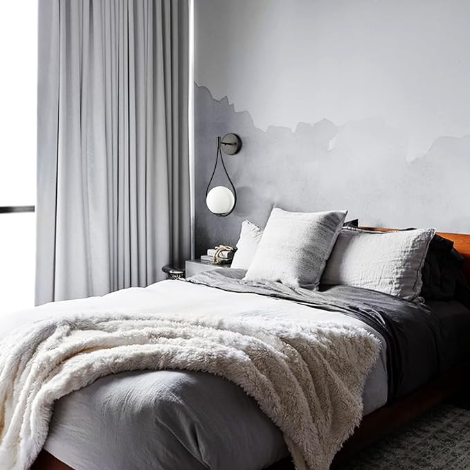 HOLKIRT Black Wall Sconces Set of Two Mid Century Modern Wall Light Fixtures for Bedroom Living Room Bathroom with White Opal Hand Blown Globe Glass