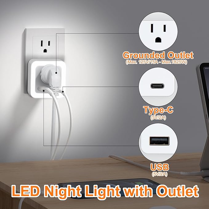 JackonLux Night Lights Plug Into Wall 2 Pack Rechargeable Battery Backup Light Dusk to Dawn Sensor Night Light with Outlet Expander for Adults Kids Bedroom, Kitchen, and Bathroom (Daylight - 5000K)