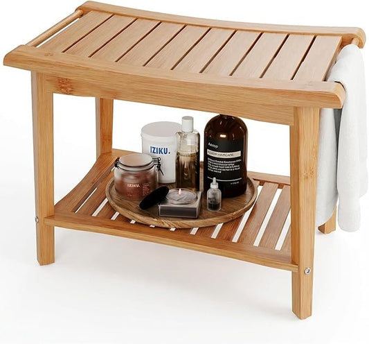 Bamboo Shower Bench with Storage Shelf, Waterproof Bath Stool for Bathroom, Spa Chair for Sitting, Shaving Legs, Elderly & Senior Safe, Heavy-Duty Bath Bench Chair, 23", 300 lbs Capacity (Wood Color)